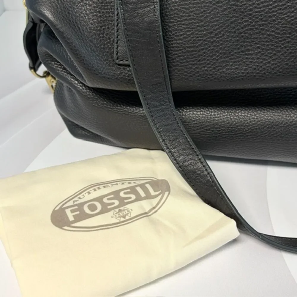 Fossil Preston Satchel Black Pebbled Leather Shoulder Bag NWT ZB6605001 Dust Bag